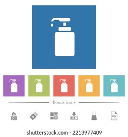 Liquid soap flat white icons in square backgrounds. 6 bonus icons included.