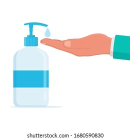 Liquid Soap For Hand Disinfection. Soap In A Plastic Bottle With A Dispenser. Concept Of Combating Viruses And Bacteria. Man Washes His Hands With Soap. Personal Hygiene. Vector Illustration.