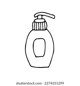 jabón líquido para manos y cuerpo. Detergente con dispensador. Gel de mano desinfectante para resfriados, virus. Doodle. Ilustración vectorial. Dibujado a mano. Esquema.