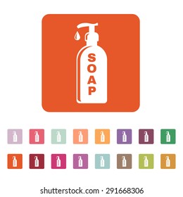 The liquid soap icon. Hand wash symbol. Flat Vector illustration. Button Set