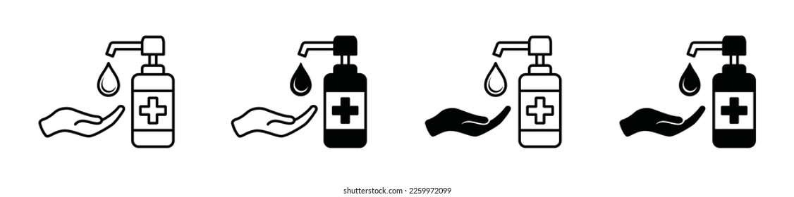 Liquid soap icon. Hands using hand sanitizer liquid soap with a medical plus sign in flat and line style. Hand sanitizer, antibacterial, anti germ, antiseptic, vector illustration