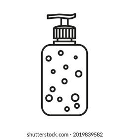El icono del jabón líquido. El contorno de un frasco con un agente antiséptico y una bomba dosificadora. Ilustración vectorial aislada en un fondo blanco para el diseño y la web.