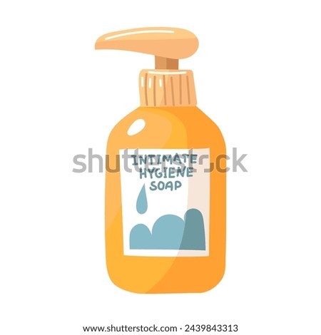 Liquid soap for intimate hygiene flat. Feminine hygiene gel in a bottle with a pump and dispenser. Gynecological cosmetic liquid for body care. Flat vector illustration isolated on a white background