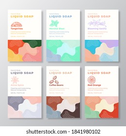 Liquid Soap Label Templates Collection. Abstract Shapes Camo Background Vector Covers Set. Cosmetics Packaging Design Bundle. Hand Drawn Fruits, Coffee and Spices Sketches. Isolated.