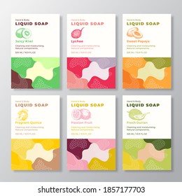 Liquid Soap Label Templates Collection. Abstract Shapes Camo Background Vector Covers Set. Cosmetics Packaging Design Bundle. Hand Drawn Exotic Fruits Sketches. Isolated.