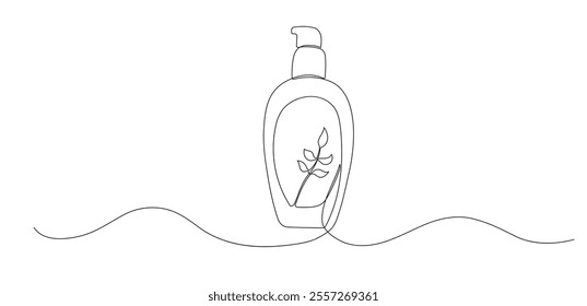Liquid soap one continuous line illustration. Hand drawn doodle sketch of hygiene bottle