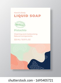 Liquid Soap Package Label Template. Abstract Shapes Camo Background Vector Cover. Cosmetics Packaging Design. Modern Typography and Hand Drawn Pistachio Nut Sketch. Isolated.