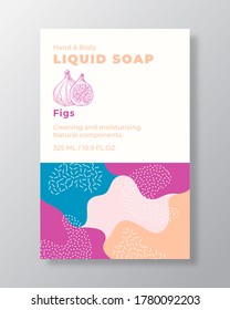 Liquid Soap Package Label Template. Abstract Shapes Camo Background Vector Cover. Cosmetics Packaging Design. Modern Typography and Hand Drawn Fig with a Half Sketch. Isolated.