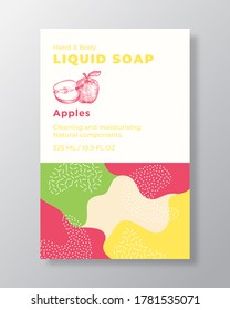 Vorlage für das Etikett für Flüssigseife. Abstrakte Formen Camo Hintergrund Vektorgrafik Cover. Cosmetics Packaging Design. Moderne Typografie und handgezeichneter Apple mit einer Halbskizze. Einzeln.