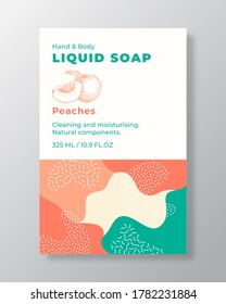 Liquid Soap Package Label Template. Abstract Shapes Camo Background Vector Cover. Cosmetics Packaging Design. Modern Typography and Hand Drawn Peach with a Half Sketch. Isolated.