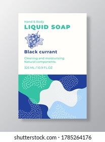 Liquid Soap Package Label Template. Abstract Shapes Camo Background Vector Cover. Cosmetics Packaging Design. Modern Typography and Hand Drawn Black Currant Berries Sketch. Isolated.