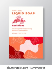 Plantilla de etiqueta de paquete de jabón líquido. Resumen Formas Cubierta del vector de fondo Camo. Diseño de empaquetado de cosméticos. Typografía moderna y esbozo de Berries para la tracción de manos y vestiduras rojas. Aislado.