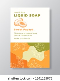 Vorlage für das Etikett für Flüssigseife. Abstrakte Formen Camo Hintergrund Vektorgrafik Cover. Cosmetics Packaging Design. Moderne Typografie und handgezeichnete Papaya und eine Halbskizze. Einzeln.