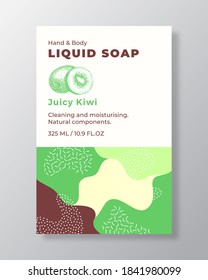 Liquid Soap Package Label Template. Abstract Shapes Camo Background Vector Cover. Cosmetics Packaging Design. Modern Typography and Hand Drawn Kiwi and a Half Sketch. Isolated.