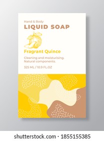 Liquid Soap Package Label Template. Abstract Shapes Camo Background Vector Cover. Cosmetics Packaging Design. Modern Typography and Hand Drawn Quince with a Slice Sketch. Isolated.