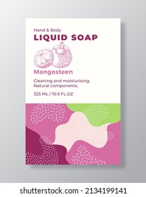 Liquid Soap Package Label Template. Abstract Shapes Camo Background Vector Cover. Cosmetics Packaging Design. Modern Typography and Hand Drawn Mangostine with Half Sketch. Isolated
