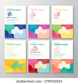 Liquid Soap Package Label Templates Set. Abstract Shapes Camo Background Vector Covers. Cosmetics Packaging Design Collection. Modern Typography and Hand Drawn Berries and Fruits Sketches. Isolated.