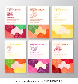 Liquid Soap Package Label Templates Set. Abstract Shapes Camouflage Backgrounds. Cosmetics Packaging Design Collection. Modern Typography And Hand Drawn Fruits And Berries Sketches. Isolated.