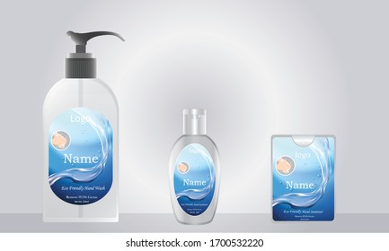 liquid soap and pocket hand sanitizer with label design ready for mock up. vector illustration