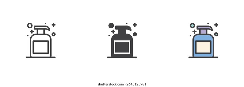 Liquid soap pump bottle icon set in line, solid, and filled outline colorful version. Cleanliness and disinfection symbol, hygiene sign. Vector sanitary icon pack.