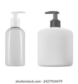 Liquid soap pump bottle. Shampoo dispenser packaging mockup. Antibacterial detergent bottle with batcher. Shower gel or hair conditioner mock up, beauty product pack