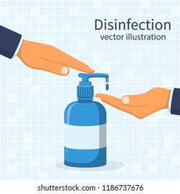 Liquid soap with pumping from bottle. Disinfection concept. Applying a moisturizing sanitizer. Man washing hands. Vector illustration flat design. Isolated on blue background. Place for text, template