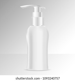 Liquid soap or shampoo bottle template. Cosmetics or medicine container. Vector illustration. Dispenser lid jar for liquid moisturizer, cream, foam. Skin care product design.