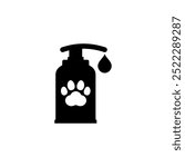 Liquid soap or shampoo icon for pets. Plastic bottle with paw print and drop.