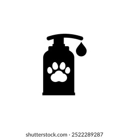 Sabonete líquido ou ícone de shampoo para animais de estimação. Frasco de plástico com impressão e gota de pata.