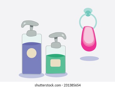 liquid soap, shampoo and towel. vector illustration