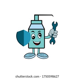 Liquid soap with shield mascot character cartoon. Design vector illustration