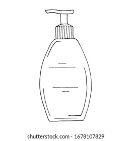 Liquid soap, shower gel, shampoo or lotion isolated. Eco-friendly. Black and white illustration on a white background in doodle style vector.