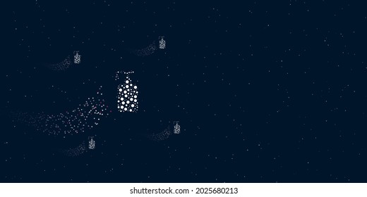 A liquid soap symbol filled with dots flies through the stars leaving a trail behind. There are four small symbols around. Vector illustration on dark blue background with stars