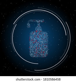 Símbolo de jabón líquido relleno de puntos blancos. Algunos puntos son rojos. Ilustración vectorial sobre fondo azul con estrellas