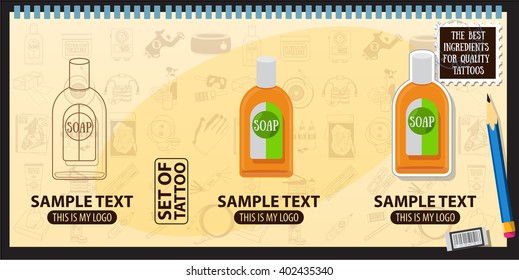 Liquid soap three icons on a colored background. Tattoo Accessory.