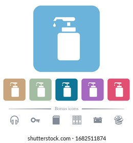 Liquid soap white flat icons on color rounded square backgrounds. 6 bonus icons included