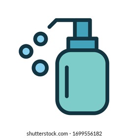 Liquid, soft soap icon with bubbles. Liquid soap, antiseptic dispenser. Protection from virus. Line, outline icon. Personal hygiene symbol. Sanitizer bottle symbol. Vector illustration