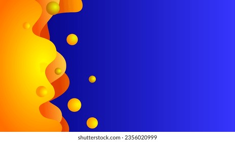 Esferas líquidas y olas superpuestas elementos anaranjados amarillos sobre fondo degradado azul.