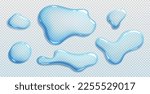 Liquid spills, water drops and puddles isolated on transparent background. Clear droplets of pure aqua, blue cosmetic serum or gel in top view, vector realistic set