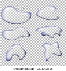 Liquid spills, water drops and puddles isolated on transparent background. Transparent drops of pure water, blue cosmetic serum or gel on top view, vector realistic set