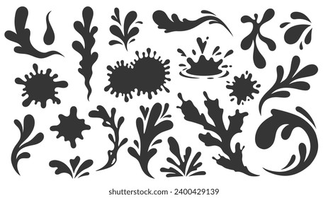 Liquid splash silhouette. Water drop splatter and droplet splash icons, water flow ripple and sea wave black shape. Vector isolated collection. Stains and ink blots or spots of various shapes