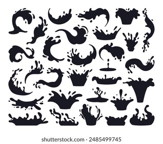 Liquid splash silhouettes. Water drops, flows and waves, black aqua splashes flat vector illustration set. Cartoon water splash silhouettes