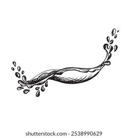 Liquid splash sketch. Vector graphic illustration hand drawn isolated. Black and white drawing of water wave. Dinamic droplets juicy drinks,fluid or oil. Clipart for menu, card, cosmetic, food design.
