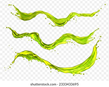 Liquid splashes of apple juice, green water or tea isolated on transparent background. Abstract flows of clear fresh drink, lime or cucumber juice, vector realistic set