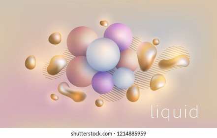 Liquid splashes, geometric golden 3d shapes. Fluid glitter drops, trendy background. Vector illustration
