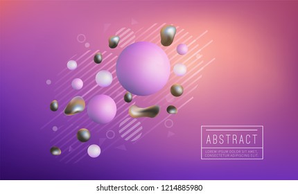 Liquid splashes, geometric golden 3d shapes. Fluid glitter drops, trendy gradient futuristic background. Vector illustration