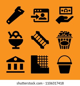 liquid, staircase, appliance, cement, man and pink icon vector set. Flat vector design with filled icons. Designed for web and software interfaces
