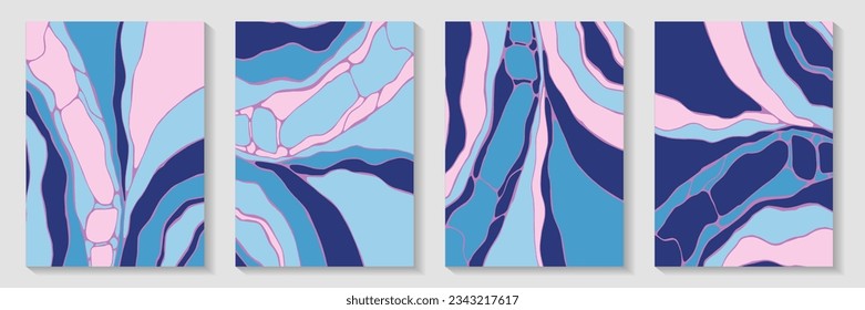 Liquid stone pattern background design vector set. Trendy posters. Puzzle structure booklet front page layouts. Abstract wallpaper prints. Futuristic kintsugi psychedelic backgrounds.