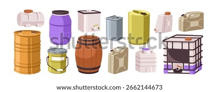Liquid storage containers, reservoirs set. Barrel, plastic drum, fuel canister, jerry can, IBC tank, bottles, chemical and industrial tanks. Flat vector illustration isolated on white background