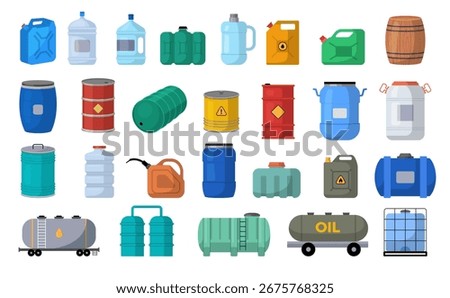 Liquid storage. Different size containers for liquids bottles canister industry barrels recent vector template set